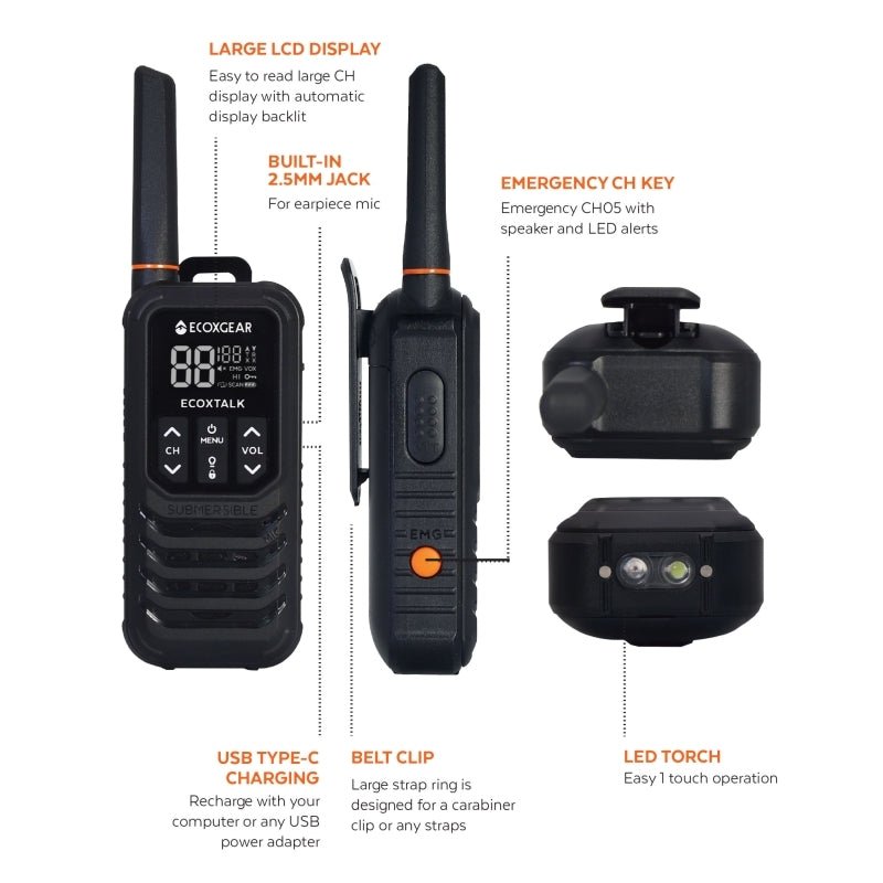 EcoXgear ECOXTALK EXG200 2 - Watt IP67 Handheld UHF Radio Twin Pack - 13km - True Vision Tactical - ECXG2002
