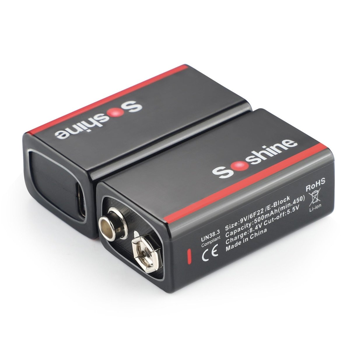Soshine 9V Li - ion USB - C Rechargeable Battery 1000mWh - 2 Pack - True Vision Tactical - USBLi-9-1000
