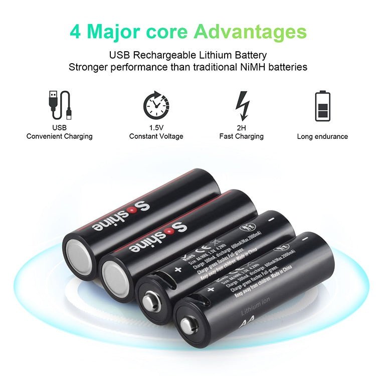 Soshine AA Li - Ion USB - C Rechargeable Battery 1.5V 4200mWh - 4 Pack - True Vision Tactical - AAUSB-1.5-4200